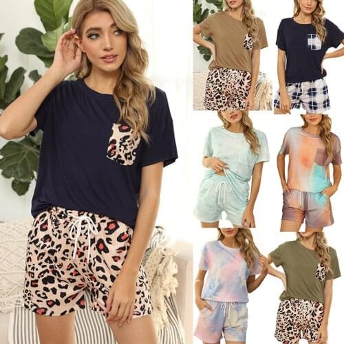 Women Leopard Tracksuit 2 Piece Sets 2XL Casual Loose T-shirts Shorts Pants Sports Workout Summer Outfit Sleepwear Nightwear