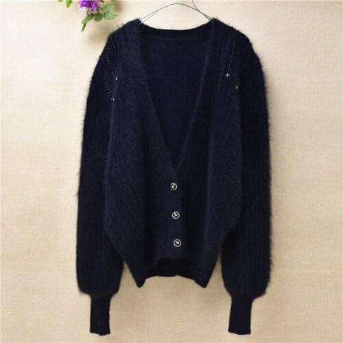 Women female fashion black autumn beading buttons plush mink cashmere cardigans angora rabbit fur loose sweater coat top jacket