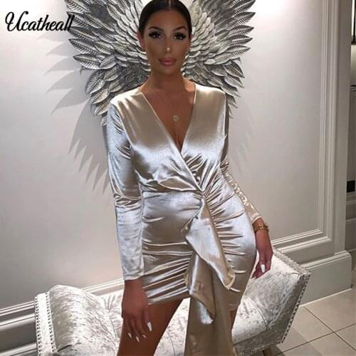 Deep V Satin Long Sleeve With Belt Bandage Sexy Mini Dress Autumn Winter Women Party Club Streetwear Elegant Sundresses