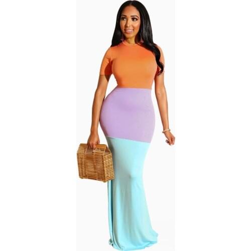 Women Fashion Casual O Neck Short Sleeve Solid Color Patchwork Maxi Dress Ladies Slim Package Hip Mermaid Dress Summer
