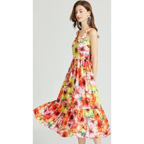 New 2021 Summer Womens Dress Seaside Holiday Style Square Neck Print Button Suspender Dress New Waist Female Slim Dresses