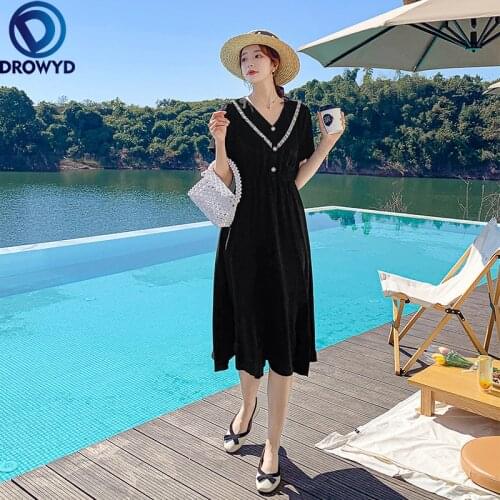 2021 Summer New Chiffon Long Dress Women Black Slim V-neck Short Sleeve Elastic Waist Ruffle Dress Elegant Boho Party Vestidos