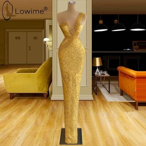 Lowime Luxury Beading Gold Mermaid Evening Dresses 2021 Sexy Illusion Formal Wedding Party Gowns Abendkleider Long Robes