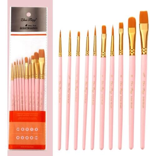 10Pcs/set Candy Color Wooden Handle Nylon Paint Brush Round&Flat Tip Watercolor Brushes for Drawing Artist Brush Set Sationery