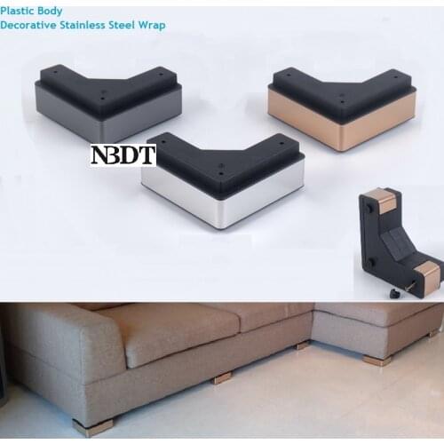 2Pcs/Lot Plastic Stainless Steel Wrap Square Straight Corner Sofa Feet Leg Coffee Bar Shiny Black Rose Gold Silver With Screws