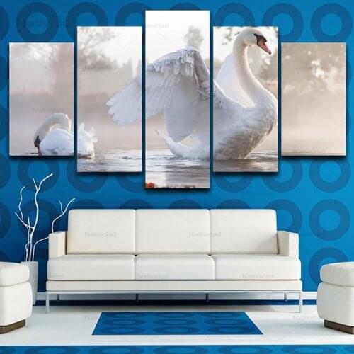 5 Pieces White Swan Animals Posters Modern Frameless Canvas Painting Wall Art Modular Decor Printed Pictures for Living Room