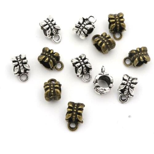 50pcs Tibetan Silver Flower Lace Tie Big Hole Beads Slide Connector Charms For Jewelry Making Findings Wholesale Accessories