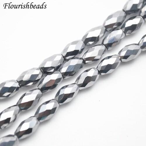 6x8mm High Quality Rhodium Silver Color Metal Titanium Hertz Faceted Rice Loose Beads Jewelry Supplies 1strand Precious Makings