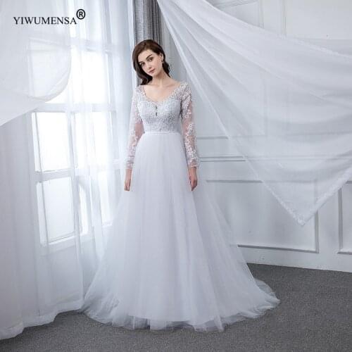 A20 Long Sleeves Tulle Beach Wedding Dress Simple Sexy Backless Bridal Gown Plus Size Romantic Lace Beaded Robe De Marriage 2020