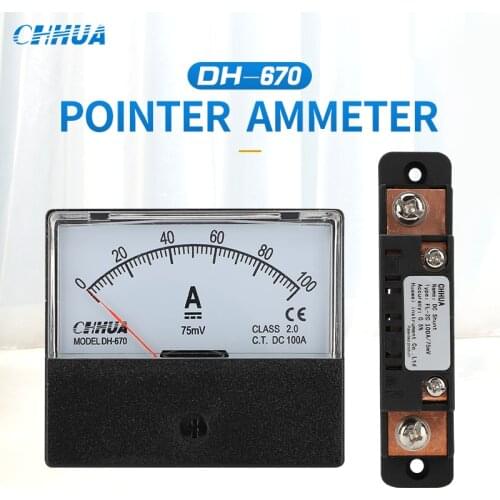 CHHUA DH-670 DC Ammeter with shunt Electrical testing Analog Pointer Ammeter Gauge DC20A 30A 50A 75A 100A 150A 200A DC Amp Meter