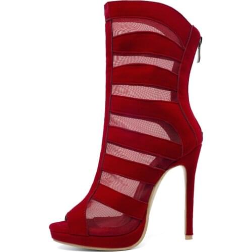 2021 Summer Boots For Women Sexy High Heels Ankle Boots Women Breathable Cut-outs Black Red Party Shoes Ladies Large Size 34-48