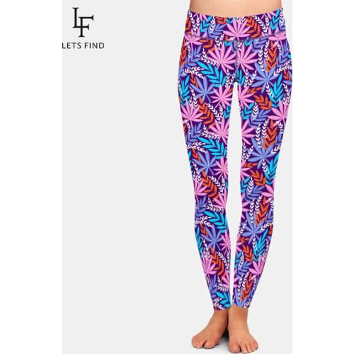 LETSFIND New Casual Women Pants Fashion High Waist Leaf Print Leggings Elastic Milk Silk Plus Size Hot Sale