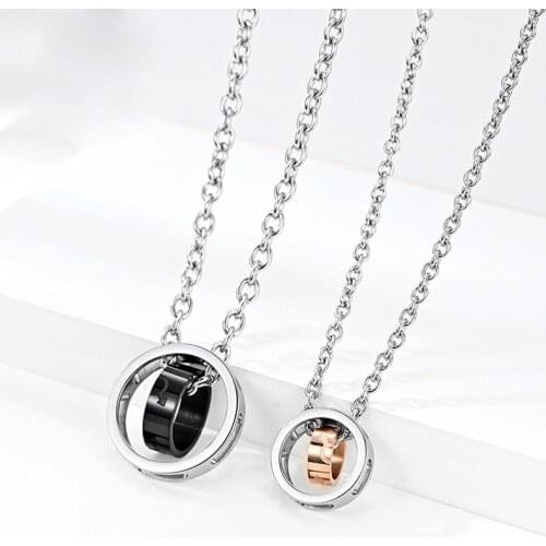 Her Beast His Beauty Couple Necklaces Double Circle Pendant Stainless Steel Key Love Promise Anniversary Gift for Woman Men