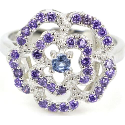 3.9g Real 925 Solid Sterling Silver Elegant Rose Shape Violet Tanzanits Amethyst Rings 17x17mm