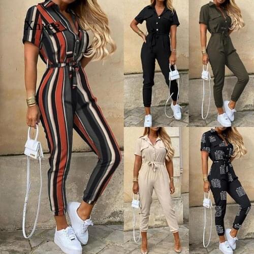 Women Summer Pure Short Sleeve Rompers Womens Casual Jumpsuit Button Overalls Stripe Print Fashion Lace Up Slim Outfits Clothing