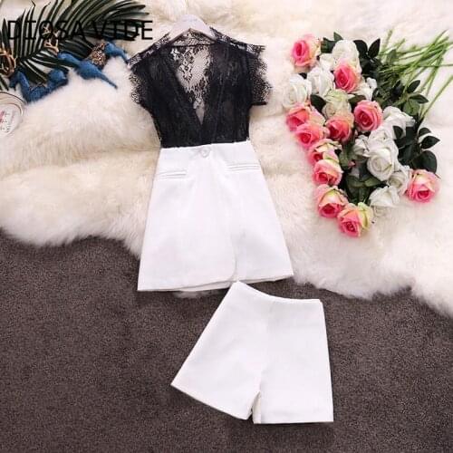 Summer 2020 New Lady sexy lace V-neck sleeveless suit top high waist wide leg shorts suit female