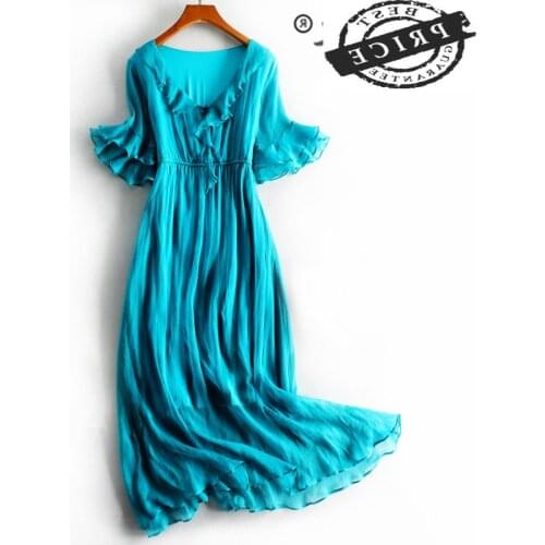 Summer Dress 100% Real Silk Dress Women Clothes 2021 Boho Ruffles Maxi Dresses Vinatge Elegant Ladies Vneck Vestido 2a00a