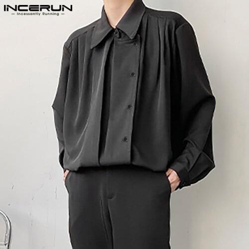 2021 Fashion Men Shirt Solid Color Lapel Streetwear Loose Long Sleeve Camisa Masculina Button Casual Party Tops S-5XL INCERUN