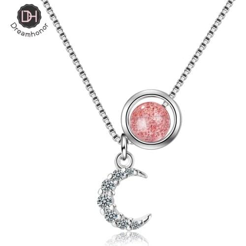 Dreamhonor 2021 Fashion 925 Sterling Silver Pink Strawberry Crystal Zirconia Moon Pendant Necklaces Jewelry Accessory