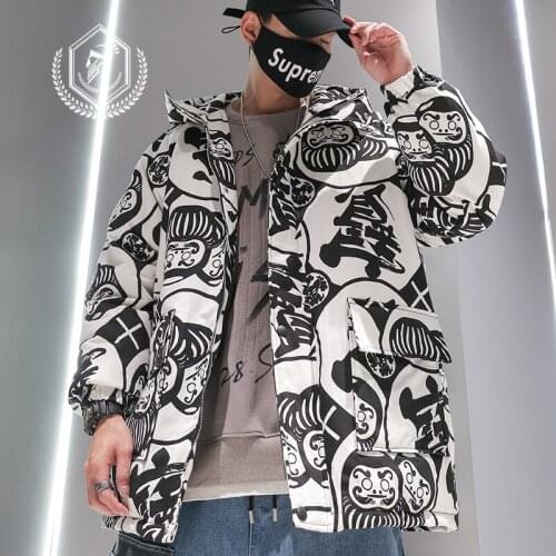 Men Fashion Loose Print Fleece Heavyweight Jacket Casual Hip Hop Parkas Coat with Hoodie