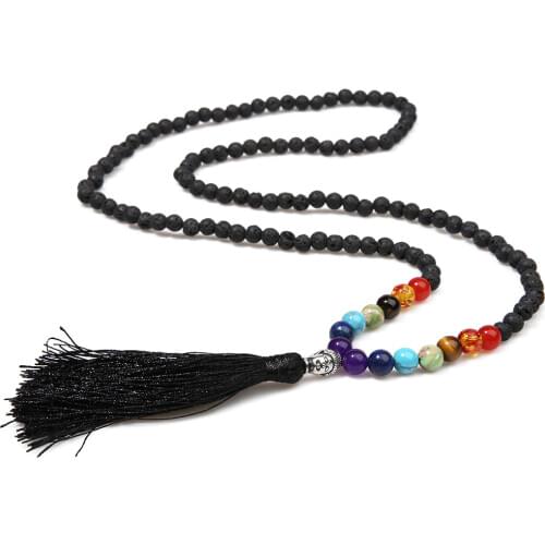 6mm Natural Volcanic Stone 8mm Chakra Beaded for Gathering Anniversary Prayer Buddha Head Tassel Pendant Men and Women Necklace