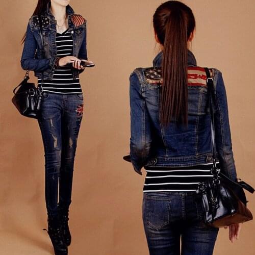 New Two-piece Set Womens Patchwork Demin Jacket And Demin Pencil Pants Spring And Autumn 2-Piece Set