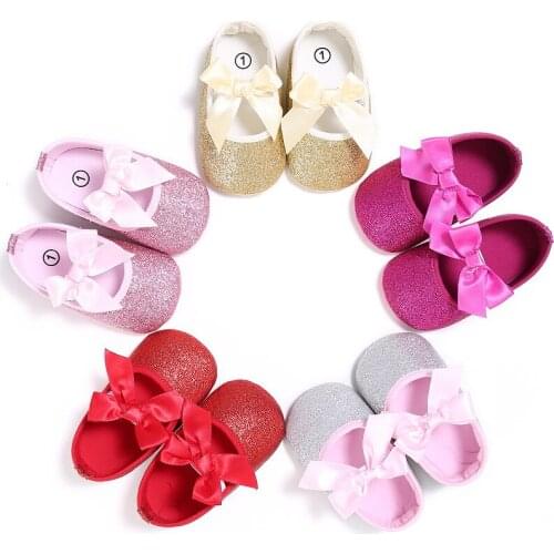 Newborn baby girl solid color sequin bow soft bottom baby princess shoes