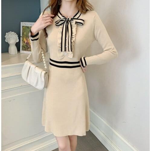 Fall 2021 Bow Knitted Mini Dress Long Sleeve a Line Sweater Vestido Corto Elegant Vintage Winter Black Office Korean Runway Robe