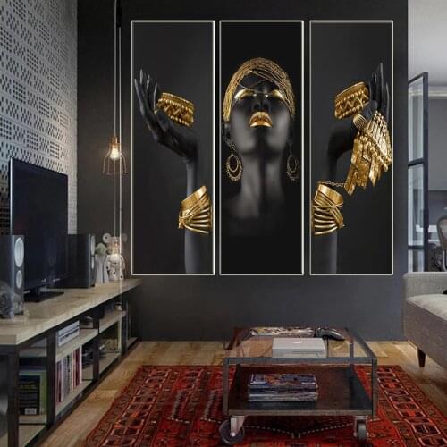 African Woman Holding Gold Jewelry Painting Mural Posters and Prints Large Black Woman Portrait Canvas Picture Home Decoration