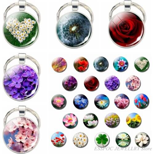 Daisy Rose Sakura Simple Style Key Chain Glass Cabochon Jewelry Poppy Flower Pendant Keychain for Men Women Gifts