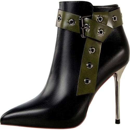 N05 Female High-heeled Shoes Retro Knight Boots with Ultra-high Heel Sexy Nightclub Show Thin Rivets Belt Buckle Ankle Boots PU