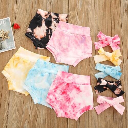 2020 Newborn Infant Babys Shorts Soft Comfortable Tie-dye Pants+Bowknot Headwear Children Clothing for Toddler Girls Boys 0-18M