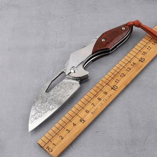 Damascus steel folding knife outdoor tactical multi-function knife outdoor camping hunting serpentine wooden handle knife