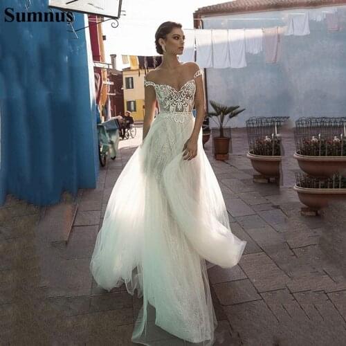Sumnus Bohemian A Line Wedding Dresses 2020 Illusion off Shoulder Backless Bridal Dress Lace Applique Beach Wedding Gowns