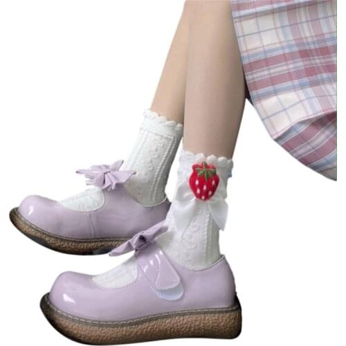 066C Japanese Student Ruffle Crew Socks Lolita Detachable Strawberry Bowknot Knitted Heart Pattern Kawaii Anklet Tube Hosiery