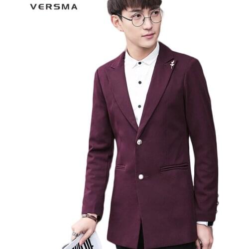 VERSMA Slim Fit Purple Red 2 Buttons Blazer Jacket Men Trajes Chaqueta Mens Long Blazers Suits Designs Long Suit Jacket for Men
