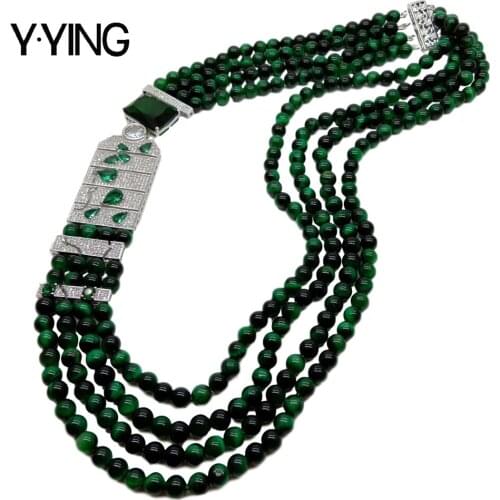 Y·YING 20" 4strands 6mm Round Green Tigers-Eyes choker Necklace full cubic zirconia Pave connector for party office for women