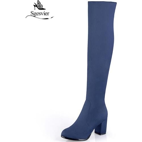 Sgesvier Women Over the Knee Boots Stretch Thigh High Boots Winter Block Heels Long Riding Boots Ladies Warm Snow Boots OX593