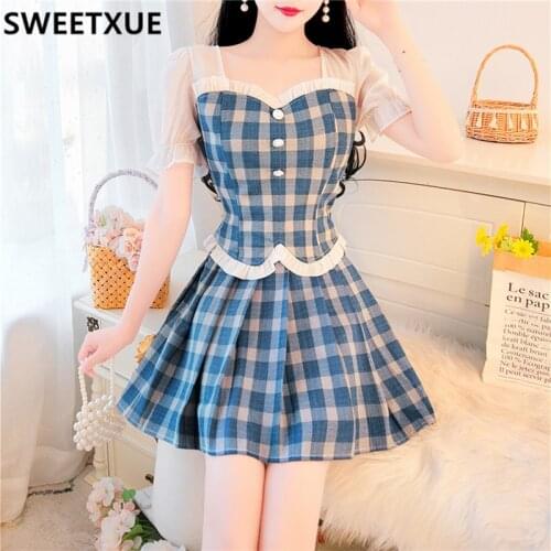 SWEETXUE 2 Piece Set Women Summer Fashion Square Collar Puff Sleeve Plaid Top + High Waist Pleated Mini Skirt Suits Femme Outfit