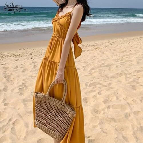 Vestidos High Waist V-neck Dress Women Solid Beach Dress Lady Bohemian Long Summer Dresses Women 2021 New Strapless 8633