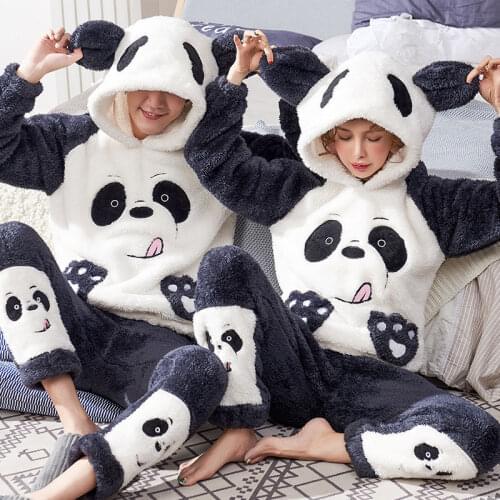 Winter Couple Pajamas Velvet Thicken Hooded Pajamas Set Adult Unisex Sleepwear 2Pcs Cute Cartoon Flannel Warm Femme Home Clothes