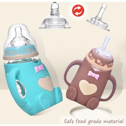 240ml Cartoons Baby Silicone Glass Feeding Bottle BPA Free Safety Baby Drop-proof Glass Feeding Bottle Baby Feeding Care Gifts