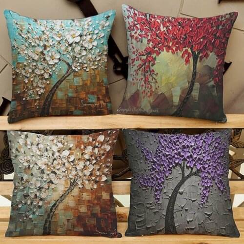3D Oil Painting Flower Trees Art Decorative Pillow Cover,Printed Cotton Linen Pillowcases Home Decor Cushion Cover 45x45cm