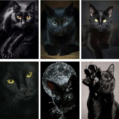 5D DIY Full Square/Round Diamond Painting Animal Black Cat Diamond Embroidery Rhinestone Picture Mosaic Home Decoration