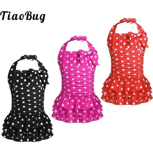TiaoBug Kids Teens One-piece Halter Swimsuit Polka Dots Ruched Tiered Swimwear Girls Beachwear Swimming Bodysuit Bathing Suit