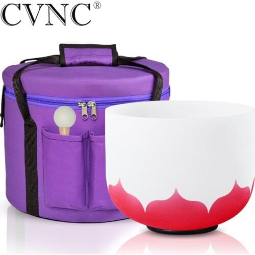 CVNC 8" 432Hz or 440Hz Note C Root Chakra Frosted Quartz Crystal Singing Bowls with Lotus pattern +1pc 8" Carry bag