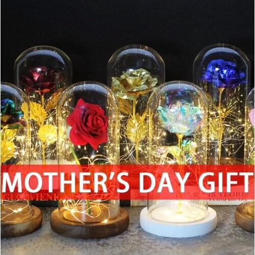 Dropshipping Red/ White/ Black Eternal Rose Flower In Glass Dome with LED Light Wooden Base Valentine Mother Day Gifts for Women