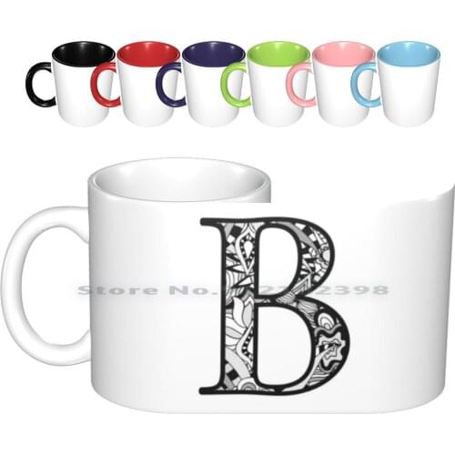 B Print Ceramic Mugs Coffee Cups Milk Tea Mug Letter Letter A Alphabet Letters Font Retro Groovy Vintage Ornamental Floral