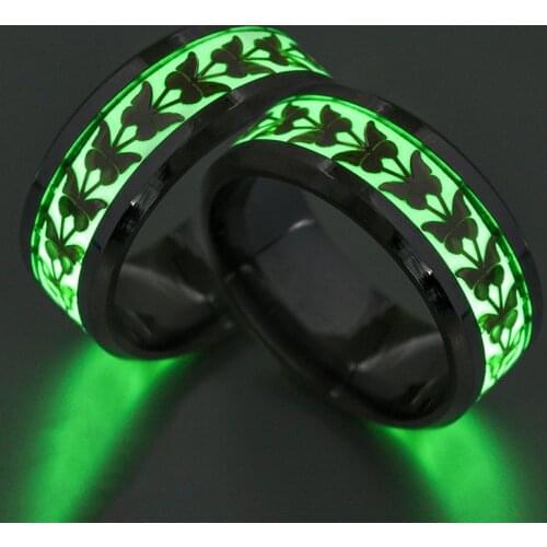 Custom Engraving Stainless Steel Green Light Glow in the Dark Stainless Steel Butterfly Wedding Band Luminous Ring for Man Woman