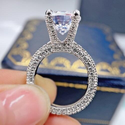 S925 Sterling Silver Ring Luxury Full Diamond 11mm Round Cut Simulated Diamond Jewelry Anniversary Gift